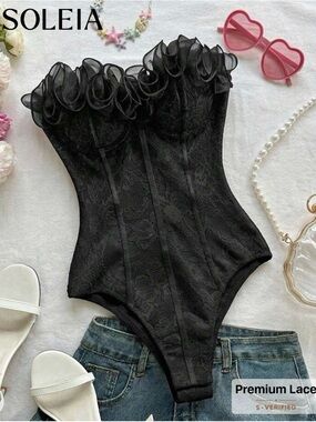 SHEIN SOLEIA Black Lace Ruffle Bustier Bodysuit